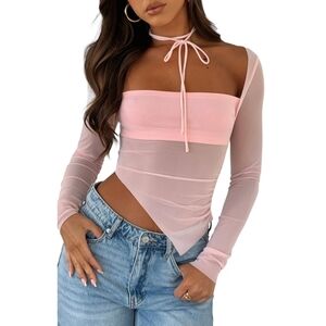 White Fox Boutique Pink Sheer Long Sleeve Top